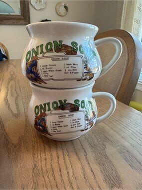 Onion Soup Ceramic Soup Mugs - White with Green Print